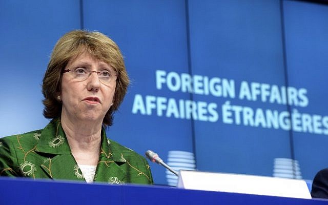 European Union High Representative for Foreign Affairs and Security Policy Catherine Ashton talks to the media following an EU Foreign Affairs Council of Ministers at the EU Council building in Brussels on July 22, 2014. (photo credit: AFP PHOTO / THIERRY CHARLIER) European Union High Representative for Foreign Affairs and Security Policy Catherine Ashton talks to the media following an EU Foreign Affairs Council of Ministers at the EU Council building in Brussels on July 22, 2014. (photo credit: AFP PHOTO / THIERRY CHARLIER)