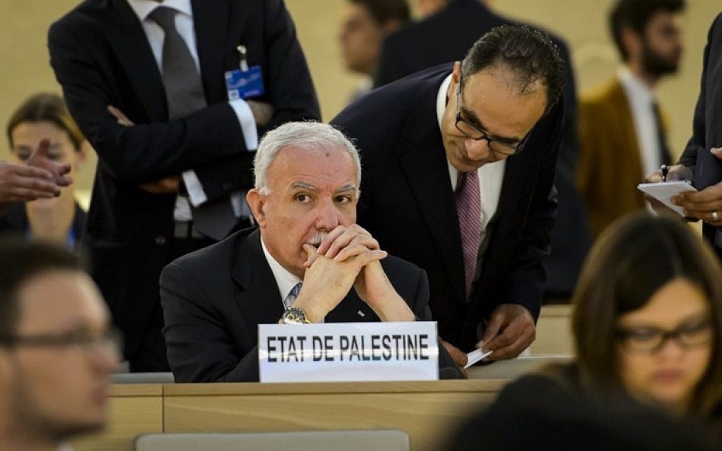 Palestinian Foreign Minister Riyad al-Maliki looks on prior to the start of an emergency session of the UN Human Rights Council on the Gaza crisis on July 23, 2014 at the United Nations Offices in Geneva (photo credit: AFP / FABRICE COFFRINI) Palestinian Foreign Minister Riyad al-Maliki looks on prior to the start of an emergency session of the UN Human Rights Council on the Gaza crisis on July 23, 2014 at the United Nations Offices in Geneva (photo credit: AFP / FABRICE COFFRINI)
