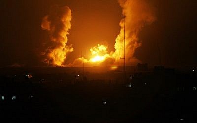 Illustrative: A ball of fire is seen after an Israel airstrike on Rafah, southern Gaza, on July 1, 2014. (photo credit: AFP/Said Khatib)