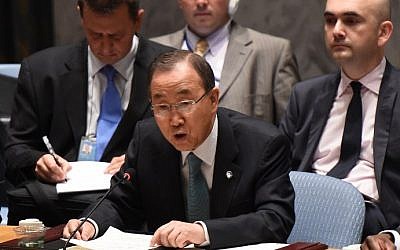 United Nations Secretary-General Ban Ki-moon addresses the United Nations Security Council during an emergency meeting in New York to discuss the situation in the Middle East, July 10, 2014. (photo credit: Don Emmert/AFP)