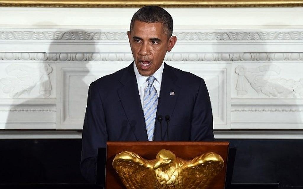 US President Barack Obama speaks as he hosts an Iftar dinner in the State Dinning Room at the White House in Washington on July 14, 2014. Obama said he hopes Egypt's ceasefire plan can restore calm in Gaza (Photo credit: Jewel Samad/AFP)