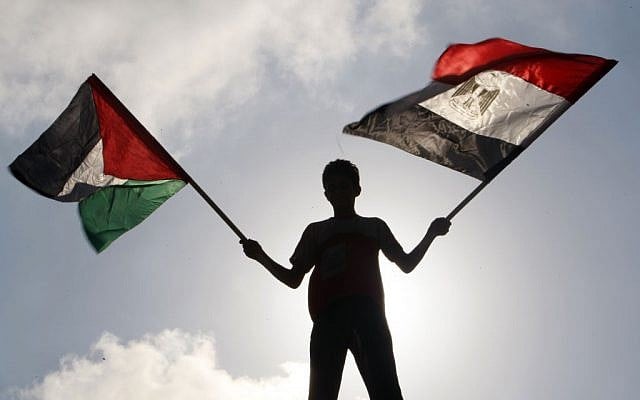 Illustrative photo of a Palestinian man waving Egyptian and Palestinian flags. (photo credit: AP/Adel Hana) Illustrative photo of a Palestinian man waving Egyptian and Palestinian flags. (photo credit: AP/Adel Hana)