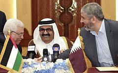 Palestinian Authority President Mahmoud Abbas, left, shakes hands with Hamas leader Khaled Mashaal, right, as the emir of Qatar, Sheikh Hamad bin Khalifa Al Thani, center, looks on, after signing an agreement in Doha, Qatar, Monday, February 6, 2012 (photo credit: AP/Osama Faisal)