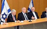 Past chairman of the Conference of Presidents Richard Stone, chairman Robert Sugarman, President Reuven Rivlin and vice-executive chairman Malcolm Hoenlein at the Knesset Tuesday July 15, 2014. (photo: Avi Hayun)