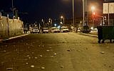 Israeli police secure a street during clashes with Palestinian protesters (unseen) in the Arab Israeli city of Nazareth, northern Israel , July 5, 2014. (photo credit: Gil Eliyahu/Flash90)