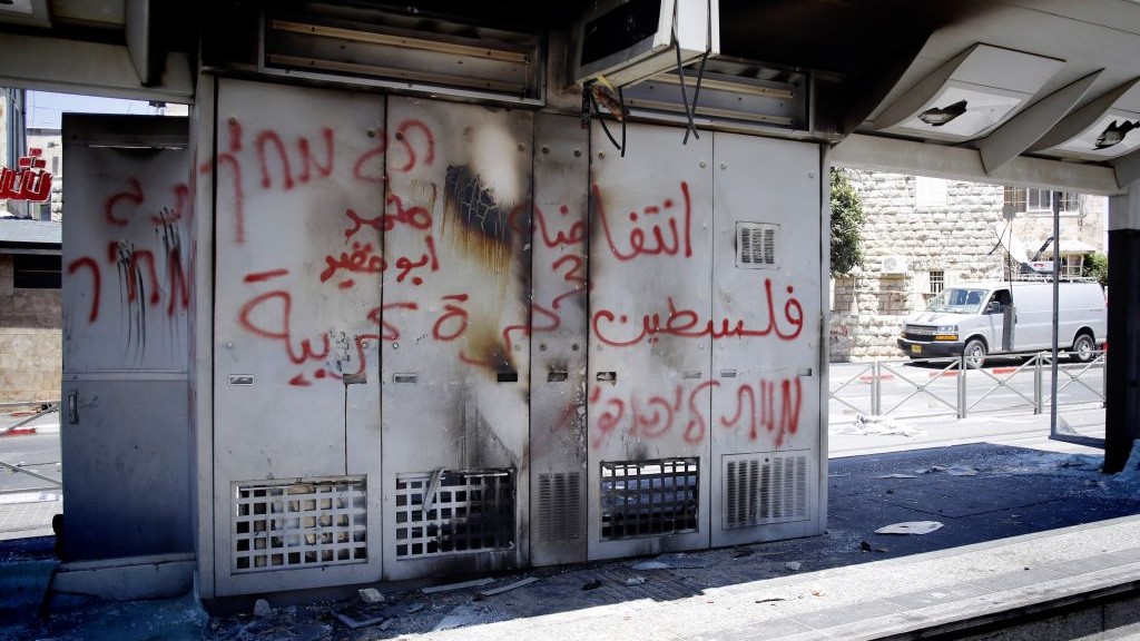 Graffiti reading 'Price Tag. Death to Jews' is seen spray-painted on what remains of a Light Rail station which has been vandalized by Palestinians in the Arab neighborhood of Shuafat, Jerusalem, July 2014. (photo credit: Sliman Khader/Flash90) Graffiti reading 'Price Tag. Death to Jews' is seen spray-painted on what remains of a Light Rail station which has been vandalized by Palestinians in the Arab neighborhood of Shuafat, Jerusalem, July 2014. (photo credit: Sliman Khader/Flash90)