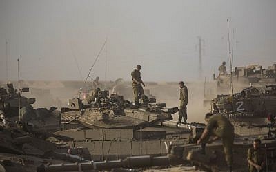 IDF tanks and soldiers in southern Israel near the border with Gaza, on the fifth day of Operation Protective Edge, July 12, 2014. (photo credit: Yonatan Sindel/Flash90)