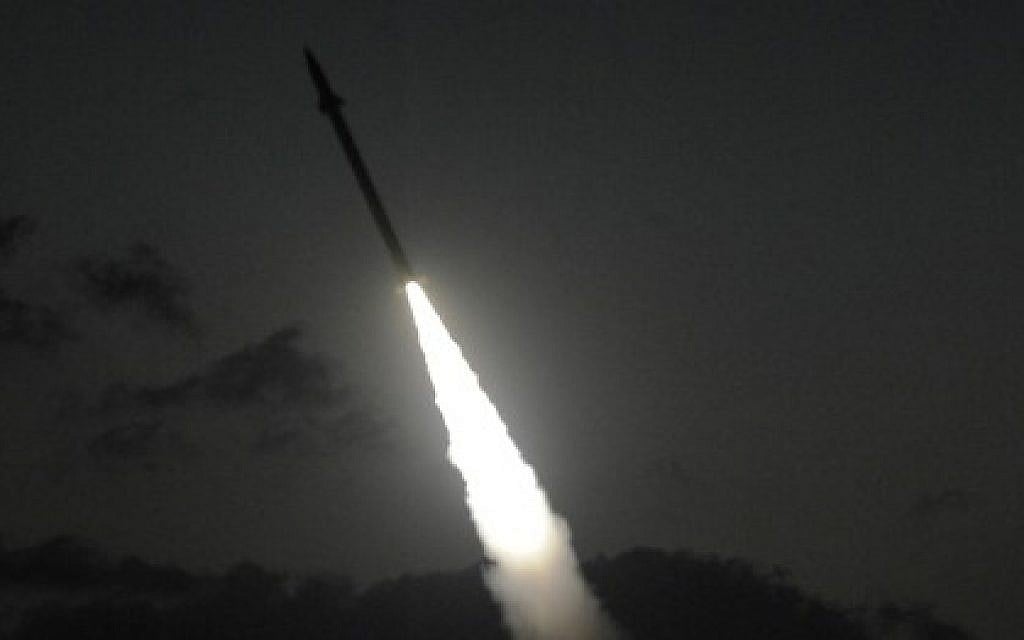 Illustrative. An Iron Dome missile defense battery fires an intercepting missile on July 13, 2014. (David Buimovitch/Flash90)