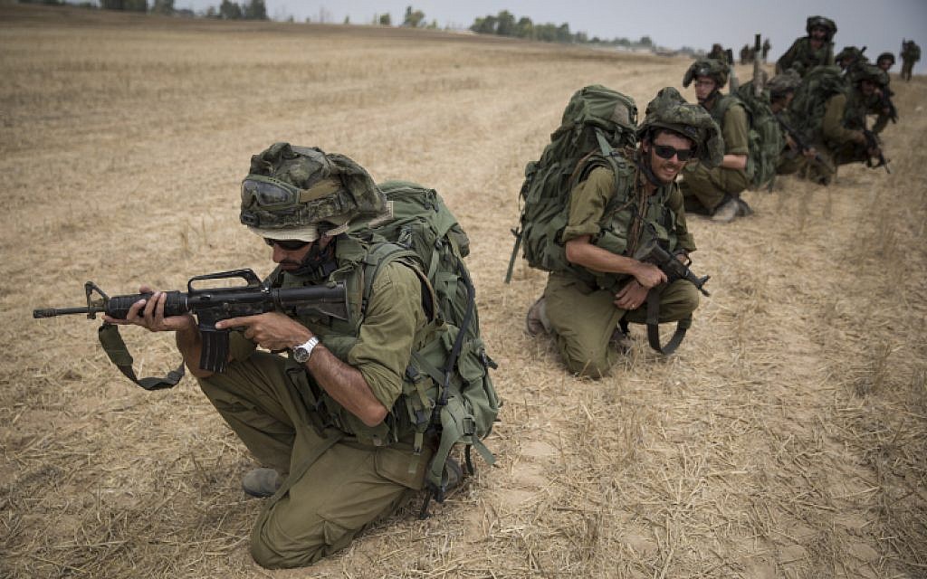 Illustrative photo of IDF soldiers conducting training in a field near the border with Gaza in southern Israel, on July 22, 2014. (Hadas Parush/Flash90)