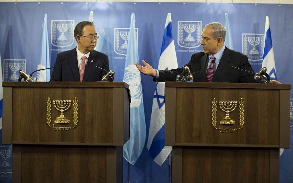 Benjamin Netanyahu, right, speaking to Ban Ki-moon in Tel Aviv on Tuesday, July 22, 2014. (photo credit: Yonatan Sindel/Flash90)