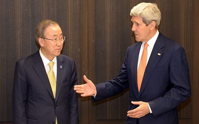 US Secretary of State John Kerry, with UN Secretary General Ban Ki-moon, at the David Citadel Hotel, Jerusalem, July 23, 2014. (Photo credit: Matty Stern/US Embassy Tel Aviv/Flash90)