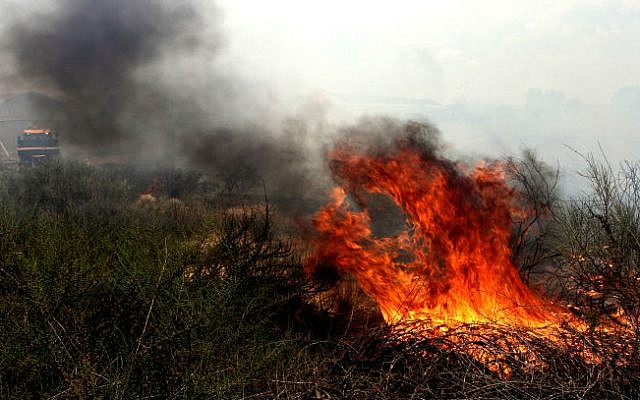 A fire caused when a rocket fired from Gaza struck near Ashkelon on July 15, 2014 (photo credit: Yossi Aloni/Flash90)