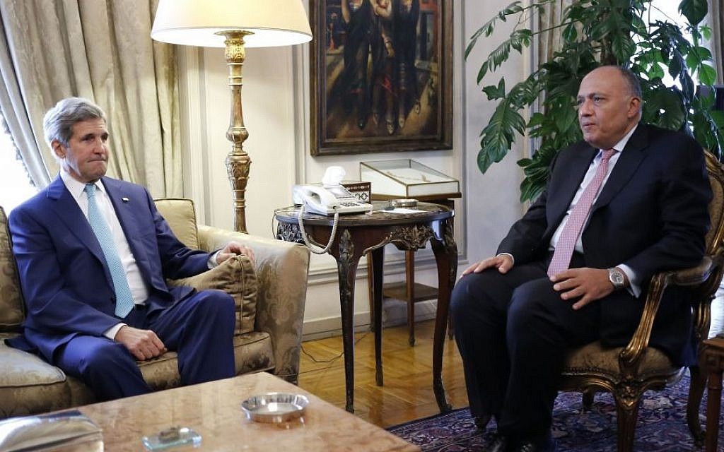 US Secretary of State John Kerry meets with Egypt's Foreign Minister Sameh Shukri in Cairo, Egypt, Tuesday, July 22, 2014. (photo credit: AP Photo/Pool)