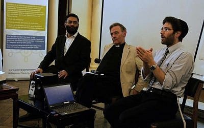 Rabbi Natan Levy (right) attends a program organized by the OneVoice movement in London in 2012, along with Muslim and Christian faith leaders. (photo credit: OneVoice Movement)