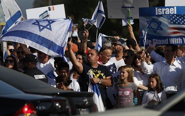 Demonstrators at a pro-Israel demonstration in Los Angeles on Sunday, July 13, 2014 (Photo credit: Rick Loomis/Los Angeles Times/AP)