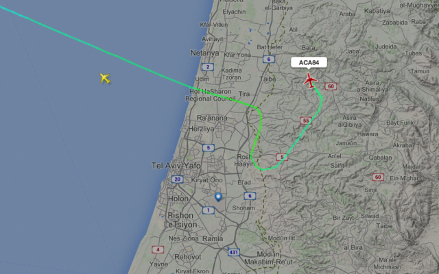 Air Canada Flight 84 from Toronto breaks off its approach to Ben Gurion as rockets are launched from Gaza. (screen capture: Flightradar)
