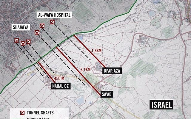 A map of attack tunnels in Gaza provided by the IDF