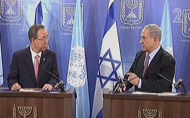 Ban Ki-moon, left, and Benjamin Netanyahu, speaking in Tel Aviv on Tuesday, July 22, 2014. (Screen capture: Channel 2)