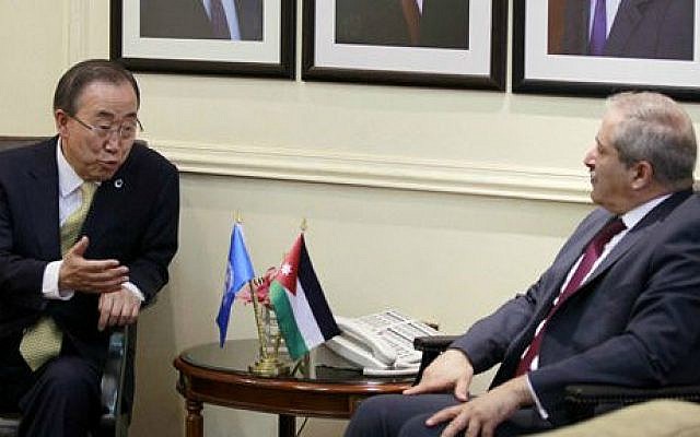 United Nations Secretary-General Ban Ki-moon, left, meets with Jordanian Foreign Minister Nasser Judeh in the capital, Amman, Jordan, Wednesday, July 23, 2014 (photo credit: AP/Khalil Mazraawi, Pool) United Nations Secretary-General Ban Ki-moon, left, meets with Jordanian Foreign Minister Nasser Judeh in the capital, Amman, Jordan, Wednesday, July 23, 2014 (photo credit: AP/Khalil Mazraawi, Pool)