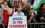 Pro-Palestinian demonstrators protest across the street from a pro-Israel rally in Chicago, Ill., July 28, 2014. (Scott Olson/Getty Images/via JTA)
