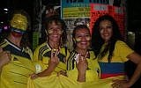 Colombians in Israel celebrate on Tel Aviv's Allenby Street after Colombia's victory over Uruguay. (photo credit: JTA/Diego Melamed)