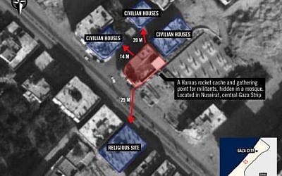 An image provided by the IDF shows a mosque in Gaza which was targeted by an Israeli air strike on Friday night, July 11. The army says the holy site was used by terror groups to store weaponry. (Photo credit: IDF)