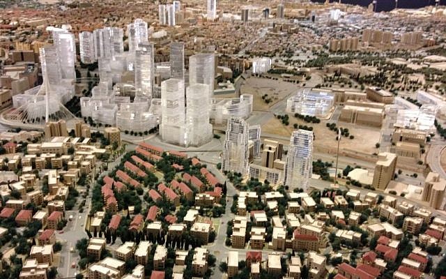 The lucite towers of Jerusalem, as depicted in this large-model of Jerusalem, maintained by the  Jerusalem Center for Planning in Historic Cities in the municipality (photo credit: Jessica Steinberg/Times of Israel)
