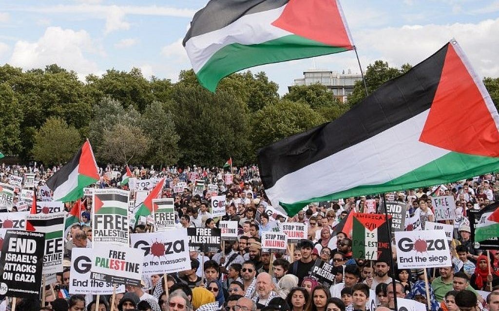 Pro-Palestinian demonstrators hold placards and wave Palestinian flags at a mass rally against Israel in London on Saturday, August 9, 2014. (photo credit: Leon Neal/AFP)
