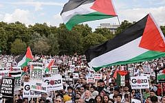 Pro-Palestinian demonstrators hold placards and wave Palestinian flags at a mass rally against Israel in London on Saturday, August 9, 2014. (photo credit: Leon Neal/AFP)