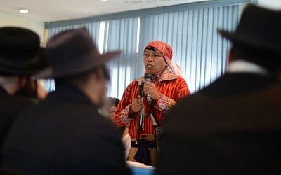 Don Diego Coity, spiritual leader of San Juan La Laguna community, speaks during a meeting with Members of the Orthodox Jewish community at the headquarters of the Office of human rights in Guatemala City on August 27, 2014  (Photo credit: AFP / Johan ORDONEZ)