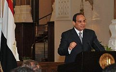 Egyptian President Abdel-Fattah el-Sissi attending a press conference at the Presidential Palace in Cairo on August 2, 2014. (photo credit: AFP/Ho/Egyptian Presidency)
