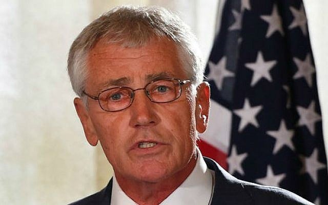 Former US secretary of defense Chuck Hagel speaks at a press conference in Sydney on August 12, 2014.  (AFP/POOL/Dan Himbrechts)
