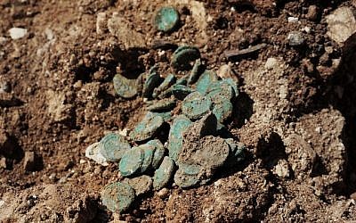 A trove of coins from the Jewish Revolt found outside Jerusalem by IAA archaeologists in 2014. (photo credit: Vladimir Neichin, IAA)