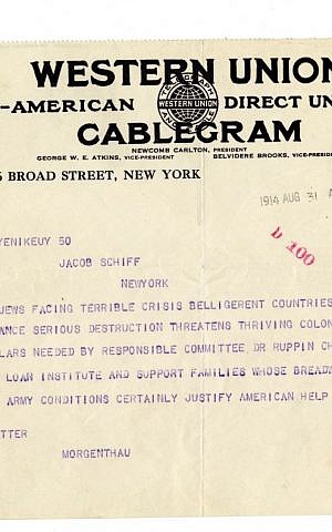 Cablegram Henry Morgenthau sent Jacob Schiff in 1914, asking for $50,000 to help the Jews in Palestine which launched the Joint Distribution Committee. (courtesy)