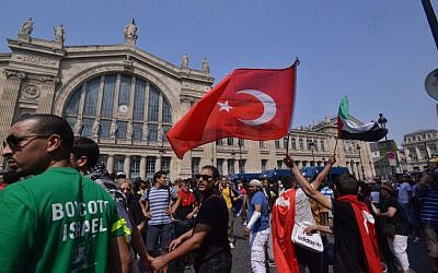 Protesters at an unauthorized anti-Israel rally in front of Paris’ Gare du Nord train station, July 19, 2014. (photo credit: Cnaan Liphshiz/JTA)