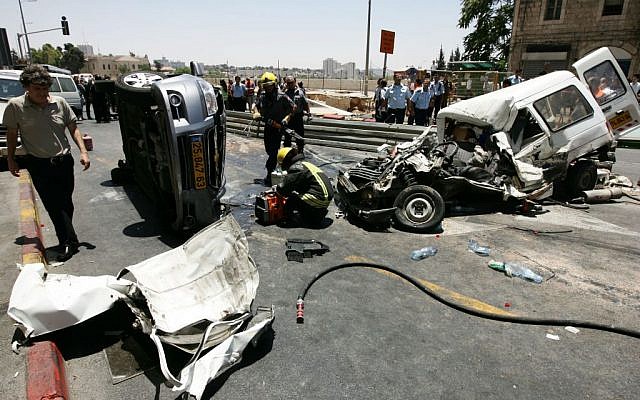 Cars lie strewn on Jaffa road after a terrorist in a tractor went on a rampage in central Jerusalem on JUly 2, 2008. (photo credit: Kobi Gideon/Flash90) Cars lie strewn on Jaffa road after a terrorist in a tractor went on a rampage in central Jerusalem on JUly 2, 2008. (photo credit: Kobi Gideon/Flash90)