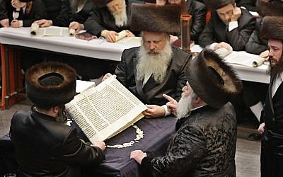 Illustrative: Hasidic men wearing fur shtreimels reading from the Book of Esther on the Purim holiday. (Illustrative photo: Dror Garti/Flash90)