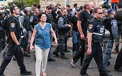 MK Hanin Zoabi takes part in a protest against Operation Protective Edge in Gaza, in Haifa on July 18, 2014. (Photo credit: Flash90)