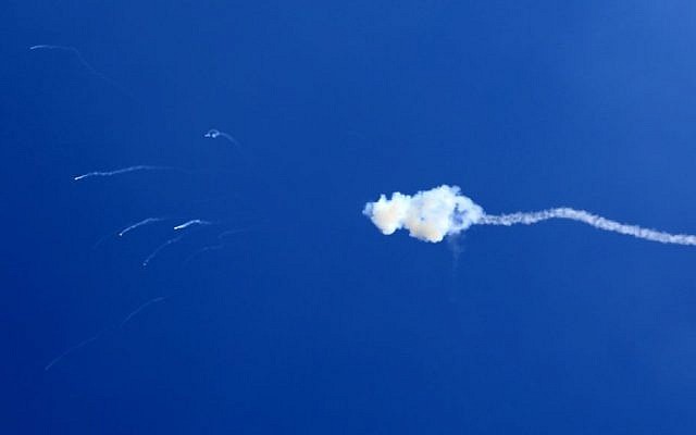 A rocket fired from Gaza Strip is shot down over Ashkelon by the Iron Dome missile defense system, Friday, August 8, 2014. (photo credit: Edi Israel/Flash90)