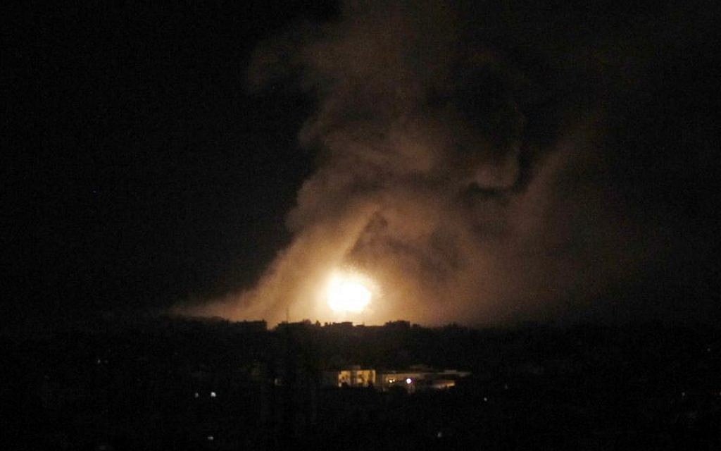 Smoke and fire rise following an Israeli air strike in Rafah, in the southern Gaza Strip (photo credit: Abed Rahim Khatib/Flash90)