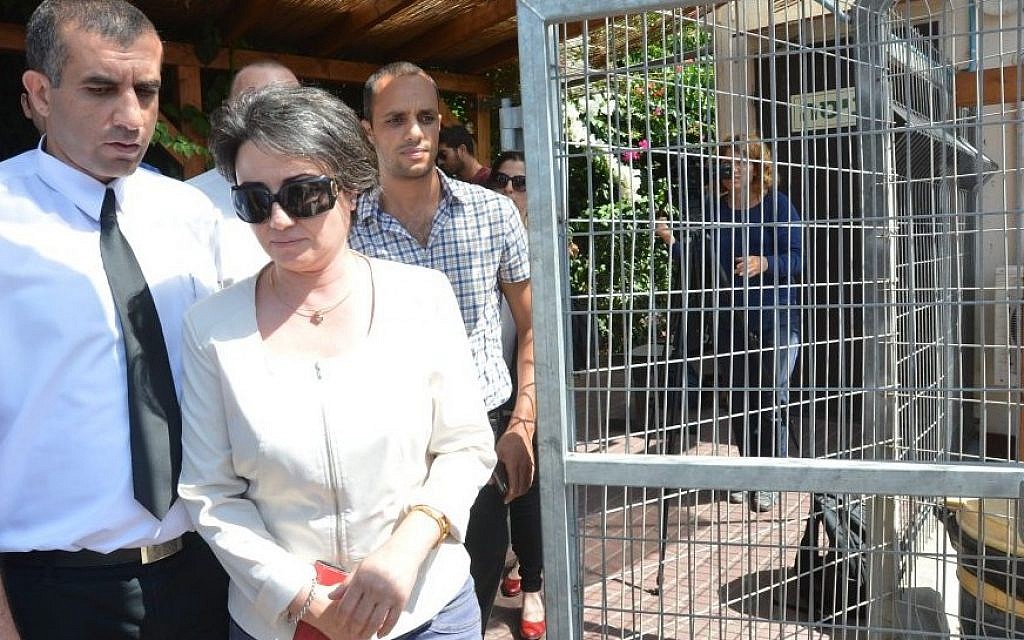 Israeli Arab MK Haneen Zoabi seen leaving the "Lahav 443" unit of the Israel Police on August 11, 2014, where she was questioned over incitement to violence (photo credit: Flash90)