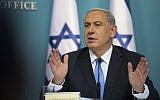 Prime Minister Benjamin Netanyahu speaks at a press conference at his office in Jerusalem on August 27, 2014. (photo credit: Yonatan Sindel/Flash90)