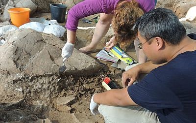 Nurith Goshen, area supervisor of Area D-West, and Dr. Andrew Koh, associate director of the Tel Kabri Archaeological Project, articulating a vessel in the Tel Kabri wine cellar. (photo credit: CC BY-SA Flinders Petrie, Wikimedia Commons)