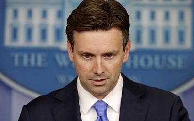 White House press secretary Josh Earnest during a press briefing at the White House in Washington, on Monday, August 25, 2014. (photo credit: AP Photo/Charles Dharapak)