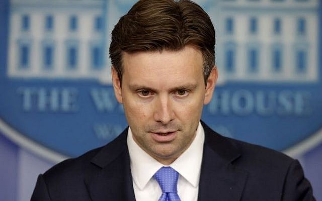 White House press secretary Josh Earnest during a press briefing at the White House in Washington, on Monday, August 25, 2014. (photo credit: AP Photo/Charles Dharapak)