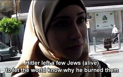 A Palestinian respondent talks to filmmaker Corey Gil-Shuster about her feelings on the Holocaust, July, 2014 (screen capture: YouTube)