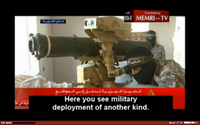Still from Al-Jazeera's footage, broadcast on Wednesday, August 6, showing Hamas gunmen, weapons and tunnels in place ahead of Hamas's breach of the truce on August 8 (MEMRI screenshot) Still from Al-Jazeera's footage, broadcast on Wednesday, August 6, showing Hamas gunmen, weapons and tunnels in place ahead of Hamas's breach of the truce on August 8 (MEMRI screenshot)