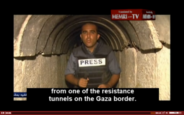Still from Al-Jazeera's footage, broadcast on Wednesday, August 6, showing Hamas gunmen, weapons and tunnels in place ahead of Hamas's breach of the truce on August 8 (MEMRI screenshot) Still from Al-Jazeera's footage, broadcast on Wednesday, August 6, showing Hamas gunmen, weapons and tunnels in place ahead of Hamas's breach of the truce on August 8 (MEMRI screenshot)