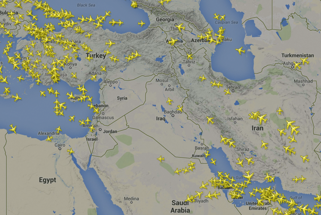 Screen capture of Flightradar24.com data showing commercial flights in the Middle East on August 9, 2014. Screen capture of Flightradar24.com data showing commercial flights in the Middle East on August 9, 2014.