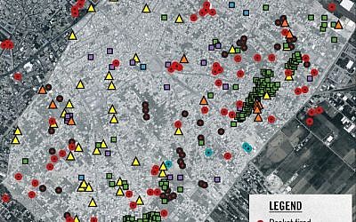 A map distributed by the IDF depicts terror infrastructure in the Gaza City neighborhood of Shejaiya (Photo credit: IDF)